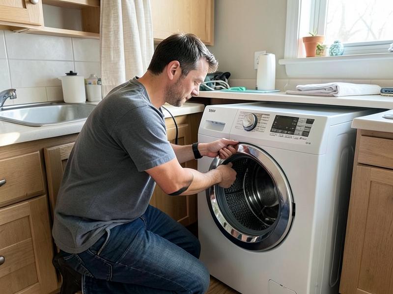Technician repairing a front-load washing machine in a laundry room