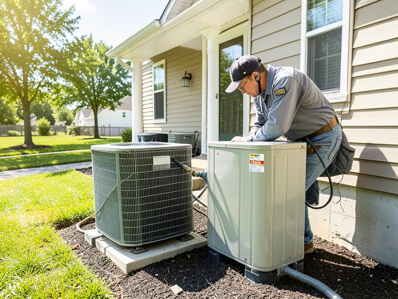 HVAC technician servicing an outdoor air conditioning unit