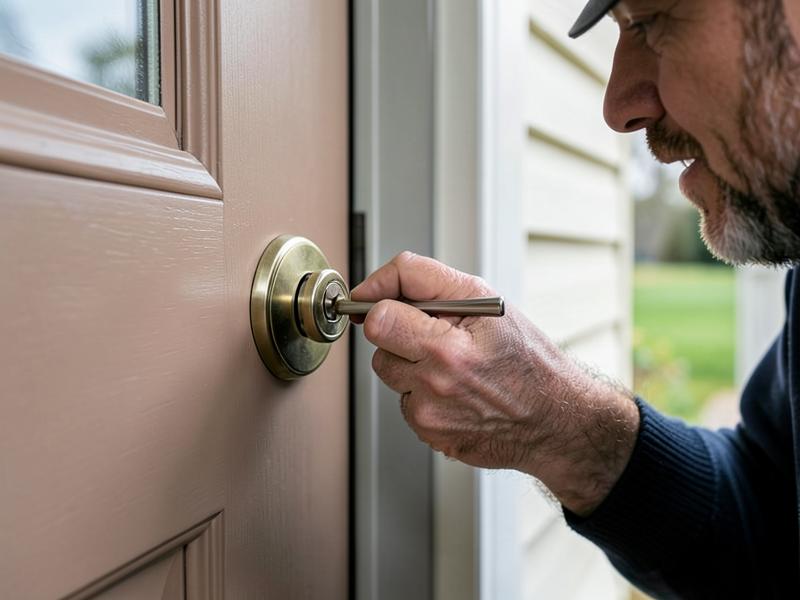 Locksmith installing a deadbolt on a residential front door