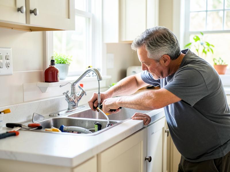 Plumber repairing a faucet at a residential kitchen sink