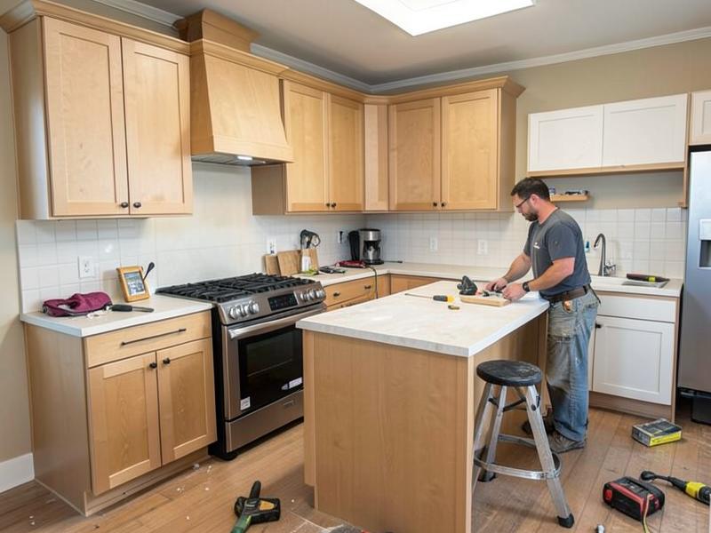 Contractor working on a kitchen remodel with new cabinetry