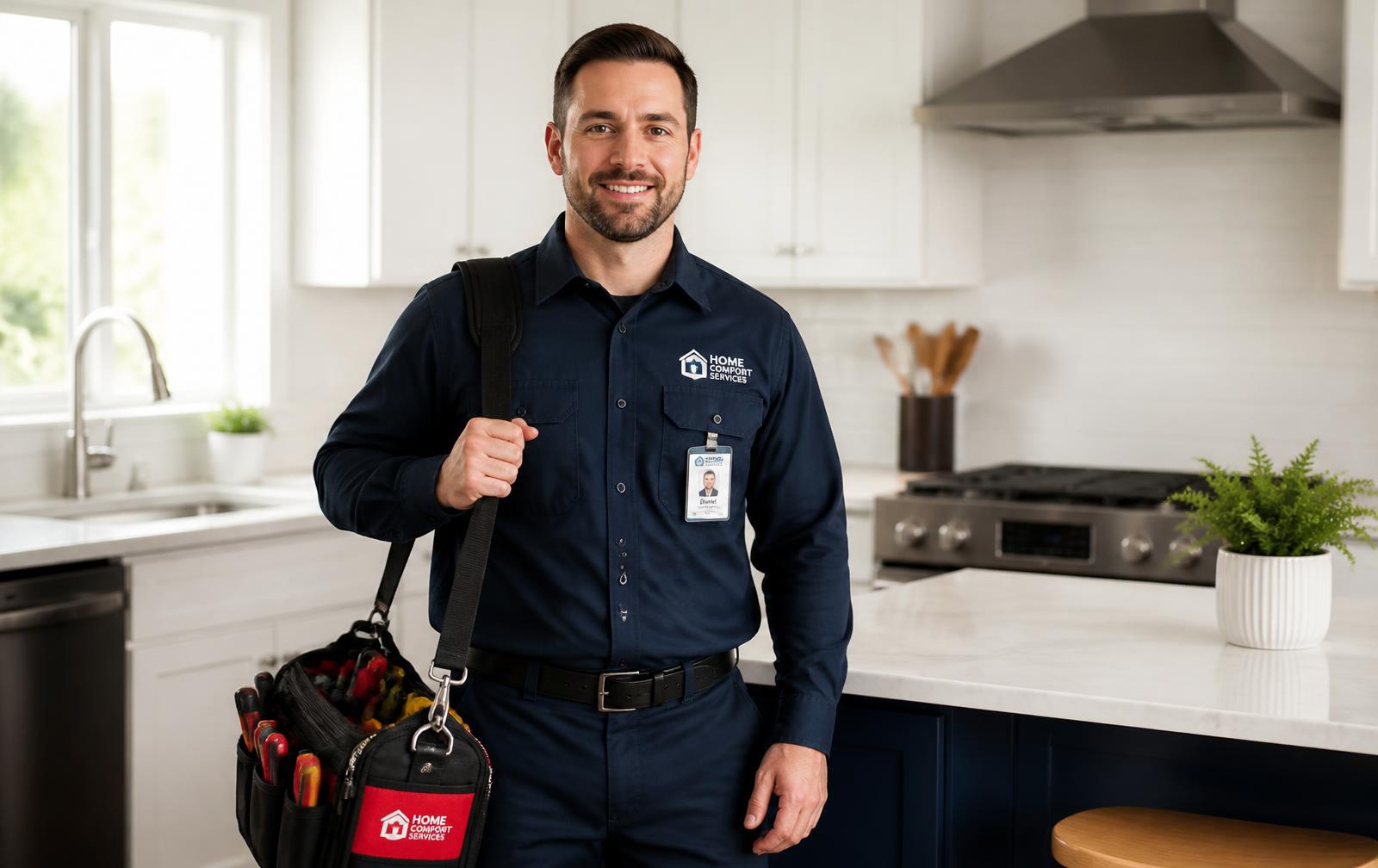 Home service technician with a tool bag in a bright Cape Coral kitchen